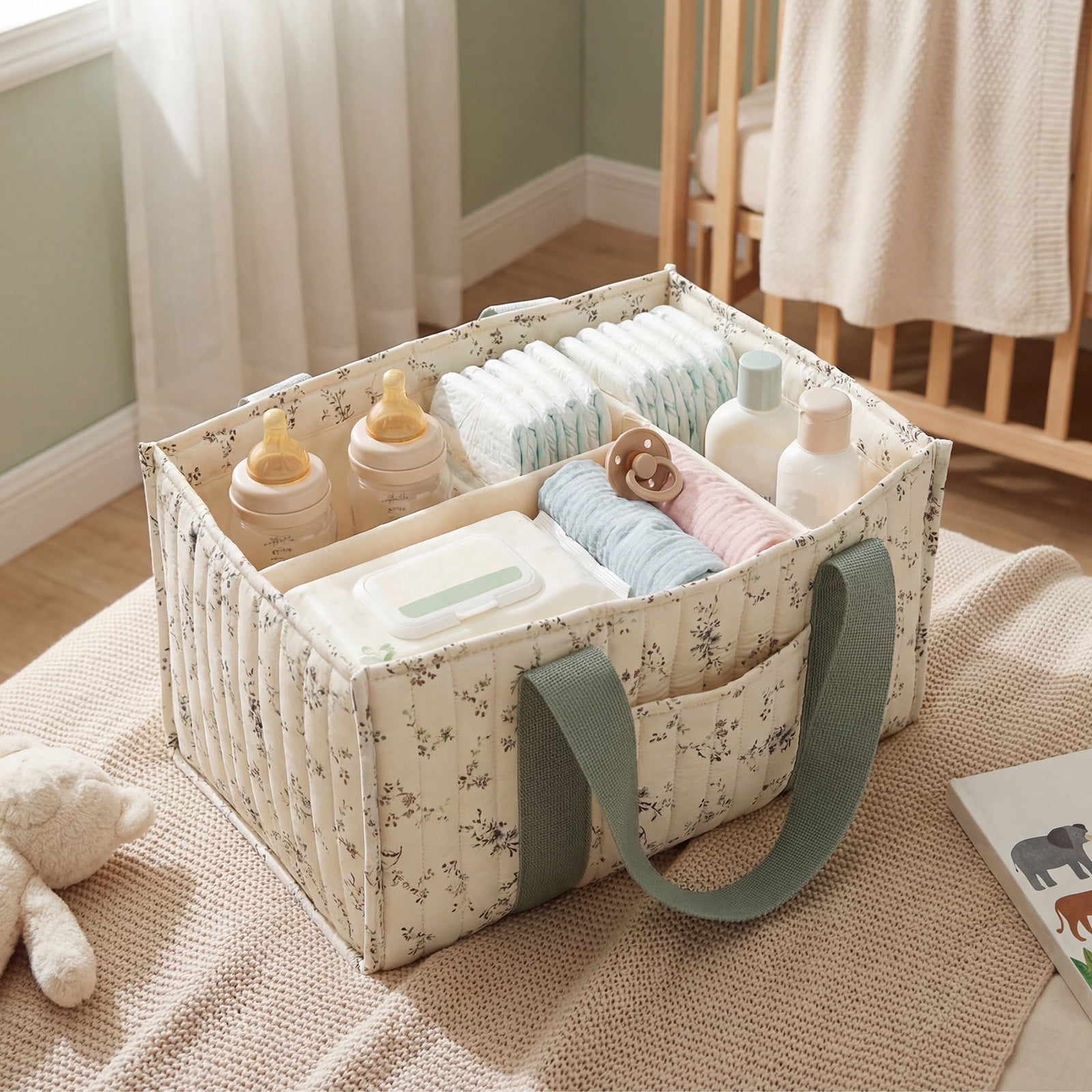 Ikoopy Floral Diaper Caddy Organizer Stylish Nursery Storage Basket Present for Baby Shower Newborn Essential Floral Beige Green