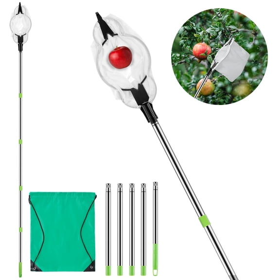 Ikoopy Fruit Picker Lightweight Fruit Picking Tool with Storage Bag Stainless Steel Tree Fruit Catcher with 2m/1.6m Pole Multipurpose Garden Fruit Picker for Picking Avocado Apricot Mango