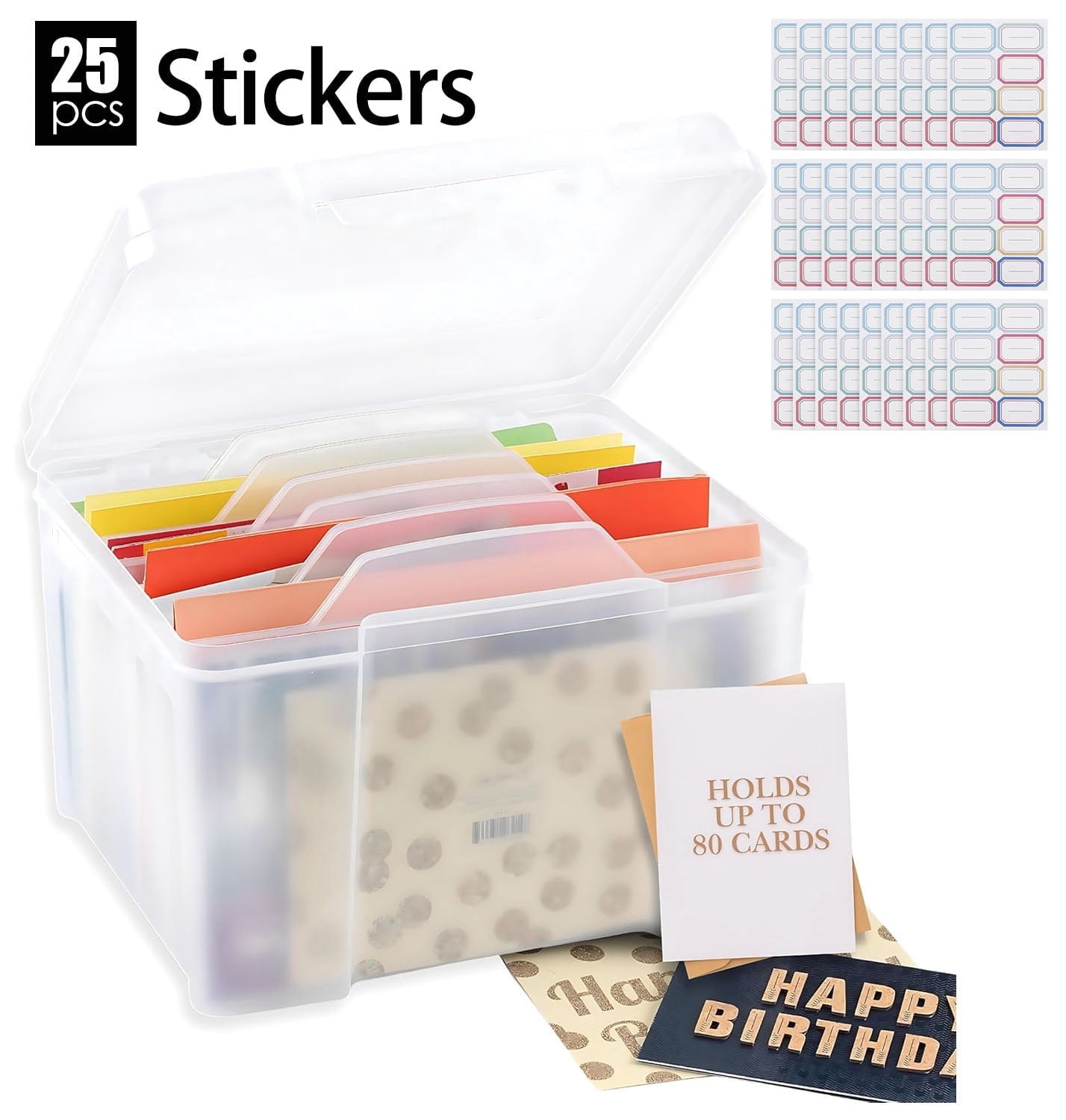 Wekvgz Greeting Card Storage Box Photo Organizer with 6 Removable Adjustable Dividers and Stickers for Photos Crafts Scrapbooking