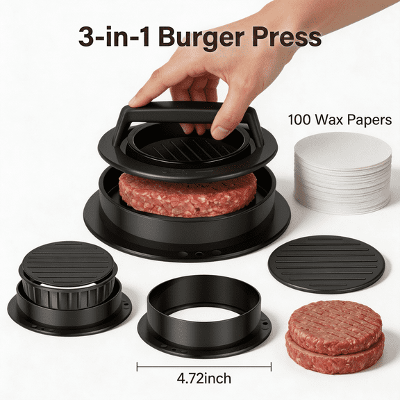 Burger Press, Hamburger Press Patty Maker 3 in 1 Stuffed Burger Mold with 100 Pcs Patty Paper, Slider Mold
