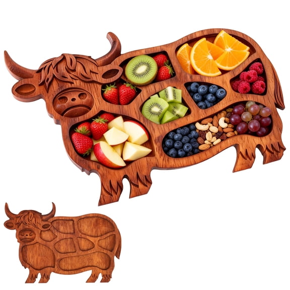 Ikoopy Highland Cute Cow Wooden Charcuterie Board, Wooden Cow Food Platter Appetizer Board for Snack Fruit Meat Cheese Home Party Banquet Family Gathering Dining Table Holiday Kitchen