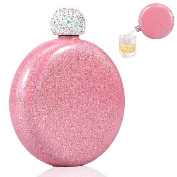 Ikoopy Hip Flask for Women Stainless Steel Liquor Flask 5oz Wine Flask Portable Pocket Hip Flasks with Rhinestone Cap Leakproof Drinking Flask for Outdoor Camping Climbing Hiking Barbecue (Light Red)