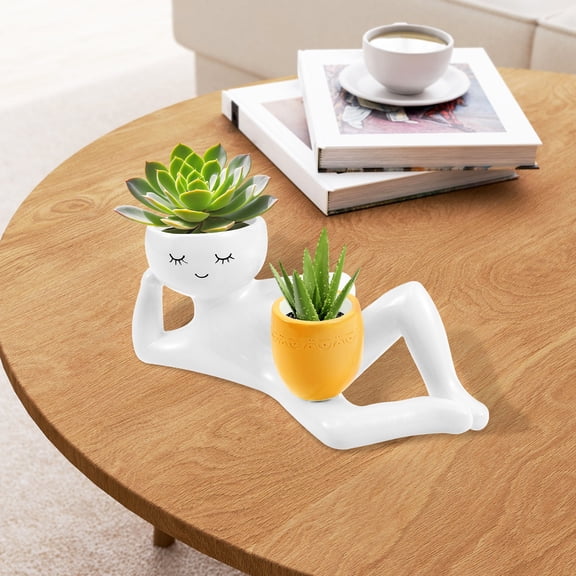Ikoopy Lazy Guy Planter Resin Funny Planter Pot Efficient Drainage Greenery Vase Container Easy Maintenance Plant Ornament for Decor