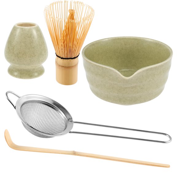 Ikoopy Matcha Whisk Set Ceramic Matcha Bowl with Pouring Spout Matcha Bamboo Whisk Stainless Sifter Ceramic Whisk Holder Bamboo Scoop Exquisite Matcha Kit for Matcha Tea Culture (5Pcs)