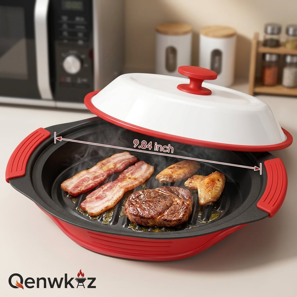 Qenwkxz Microwave Bacon Cooker, Red Microwave Bacon Grooved Cooking Tray with Splatter Lid, Microwave Grill Pan, Easy to Clean, Convenient Kitchen Tool, Dishwasher Safe