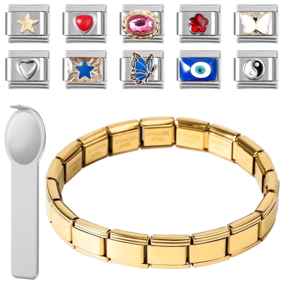 Wekvgz Italian Charm Bracelet Sets, stainless steel DIY modular bracelet with opening tool, silver & gold, ideal birthday jewelry gifts