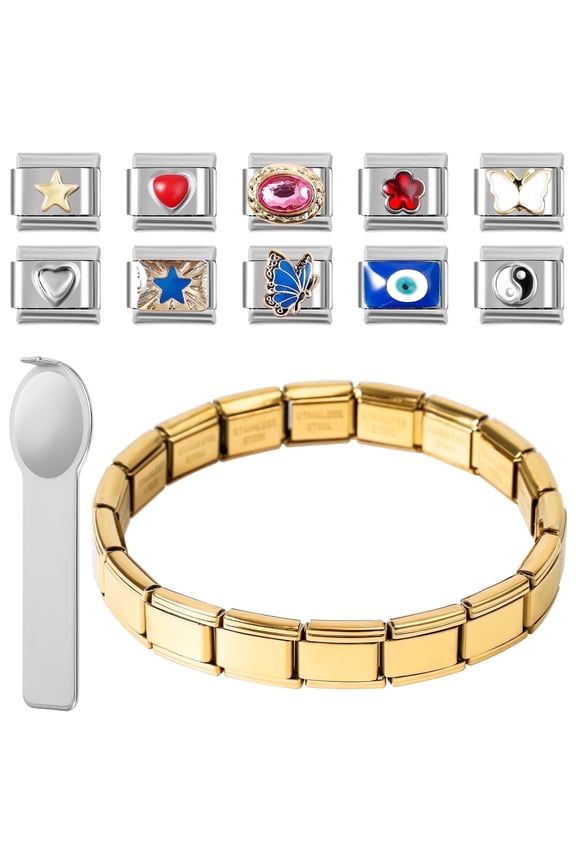Italian Charm Bracelet Sets, stainless steel DIY modular bracelet with opening tool, silver & gold, ideal birthday jewelry gifts