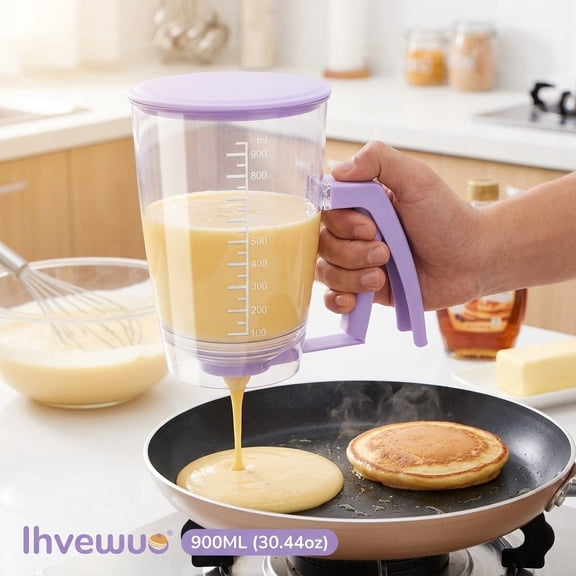30.4 OZ Pancake Batter Dispenser, Non-Stick Handheld Waffle Separator with Squeeze Handle and Measuring Marks for Cupcakes, Crepes