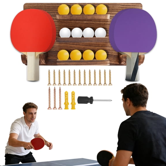 Ikoopy Ping Pong Paddle Holder Wall Mount Holds 8 Paddles and 12 Ball Storage Solid Wood Ping Pong Paddle Storage Rack Table Tennis Accessories Organizer in Game Room Office Home