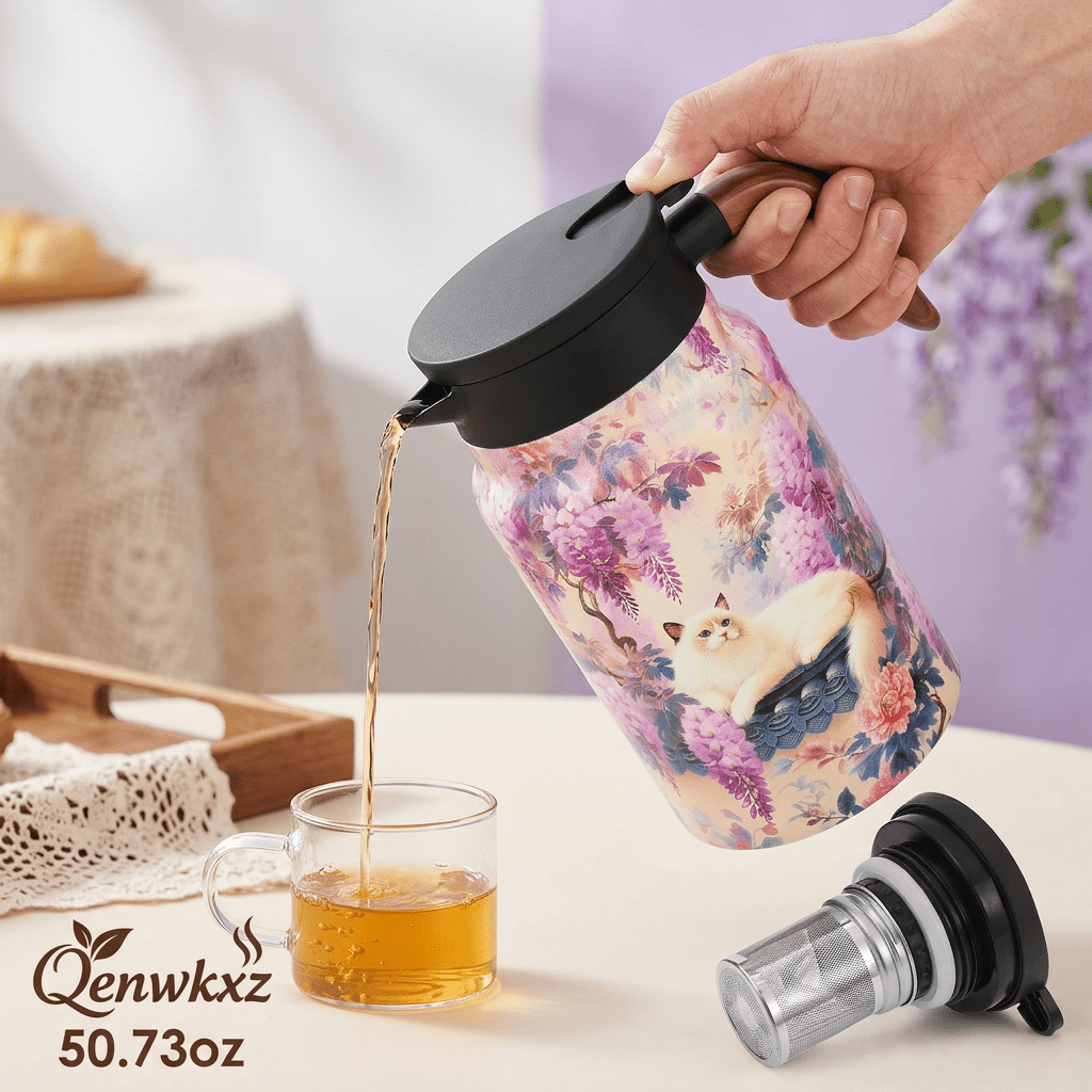 Qenwkxz 50.73 oz Insulated Teapot, Pink Vintage Floral Pattern Tea Pot with Infuser, Stainless Steel Thermal Teapot with Lid, Wooden Handle Thermal Carafe for Hot Drinks Coffee