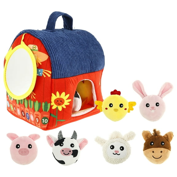 Ikoopy Plush Farm Animal Playset Soft Barn with Stuffed Farm Animal Portable Baby Farmhouse Toy with Crinkle Mirror for 0 to 3 Years Old Toddlers