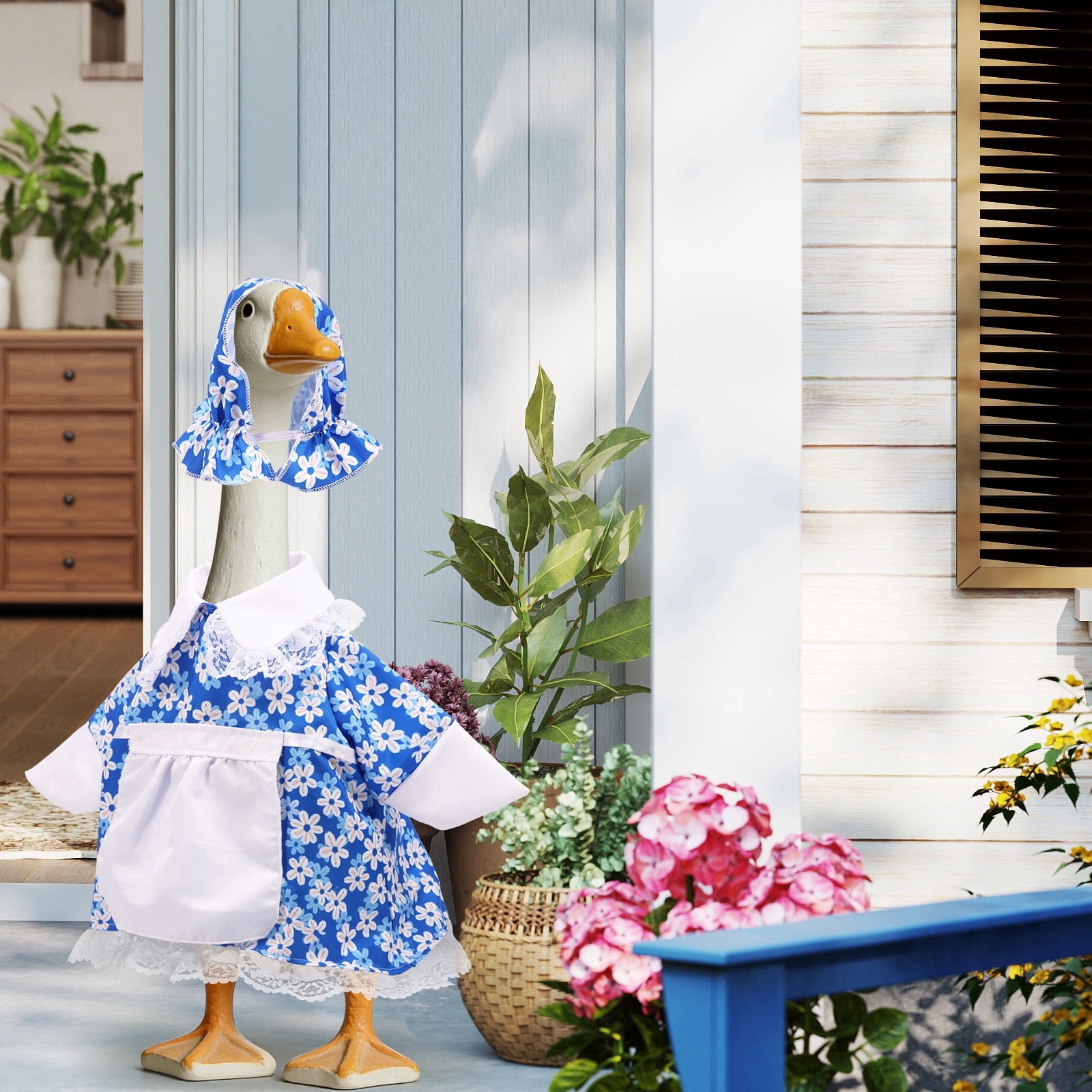 Qenwkxz Porch Goose Outfit for 23''h Cement Statue Goose Skirt Costume for Valentines Outdoor Yard Lawn Patio Decor (Blue)