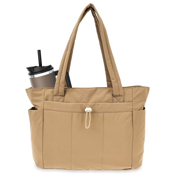 Ikoopy Puffer Tote Bag for Women Lightweight Puffer Work Tote Handbag with Cup Holder Portable Travel Gym Bag for Travel Work Daily