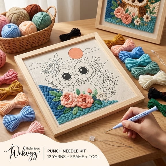Embroidery Starter Kit, 9.84 Inch Punch Needle Yarn Set with Pre-Printed Pattern Fabric and Pen Tool for Adults Beginner DIY Craft
