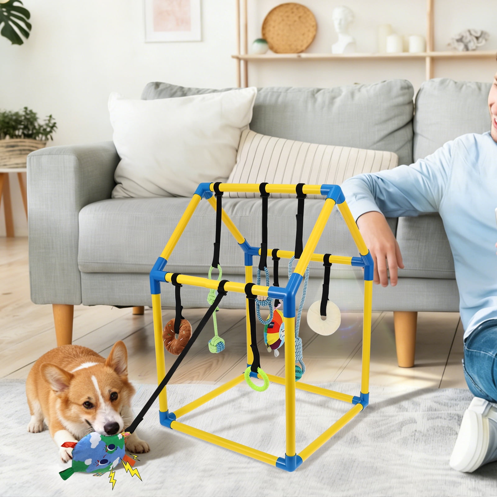 Ikoopy Puppy Play Gym with 8 Hanging Toy Indoor Jungle Gym Toy for Small Dog with PVC Frame and Bungee Strap for Entertainment Funny Teething and Mental Stimulation