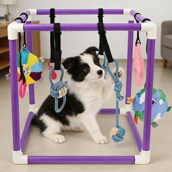 Ikoopy Puppy Play Gym with 8 Hanging Toy Removable Dog Enrichment Playground Interactive Indoor Training Activity Center for Small Dog and Puppy PVC Frame