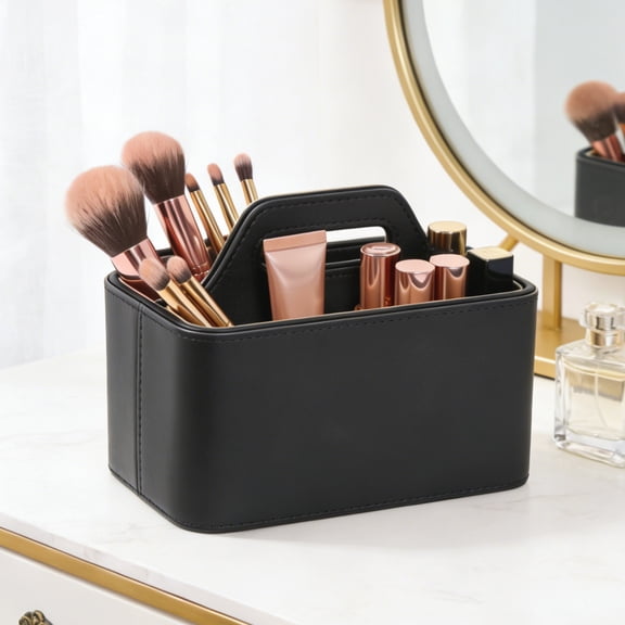 Ikoopy Remote Caddy Organizer with Handle Leather Remote Control Holder Desk Caddy Portable Makeup Organizer for Table Nightstand Office
