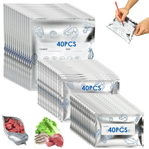 Ikoopy Reusable Aluminum Foil Sealable Storage Bag Resealable Vacuum Zipper Pouch for Food Stand Up Foil Sealable Bag with Label and Zipper for Vegetable Fruit Meat (120PCS, 3 Size)
