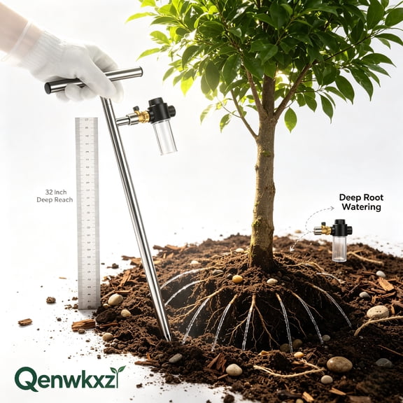 Deep Root Watering Tool, 32 Inch Stainless Steel Tree Watering Spike Wand with T-Handle, Brass Valve & Fertilizer Bottle