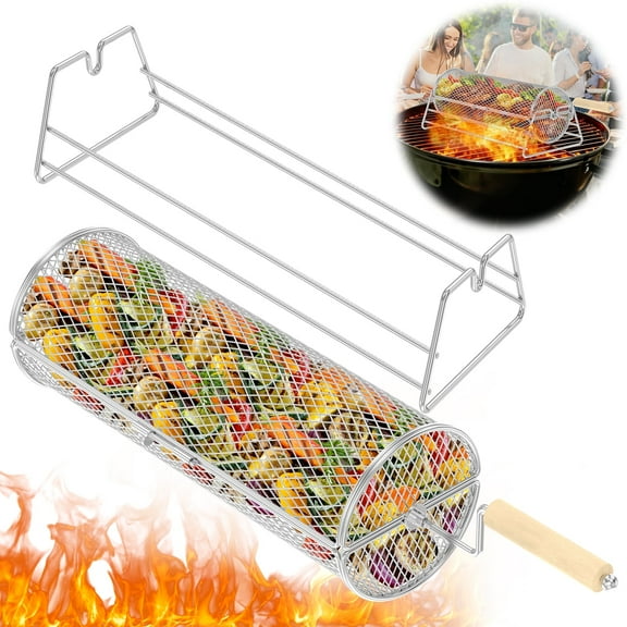 Ikoopy Rotatable Rolling Grill Basket with Stand 304 Stainless Steel BBQ Grilling Net Tube with Removable Wooden Handle Dishwasher Safe for Vegetable Meat Food