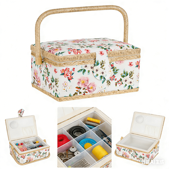 Ihvewuo Sewing Basket with Removable Tray Practical Sewing Basket Organizer with Interior Pocket Portable Sewing Storage Box Stylish Sewing Kit Basket 9.45×6.89×5.12inch Needles Thread Tape Measure