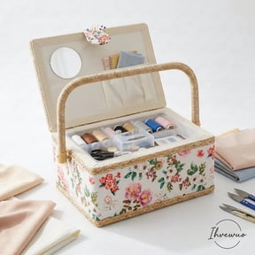 Sewing Basket with Removable Tray, Vintage Wooden Sewing Box Organizer with Needle Cushion, Portable Storage for Sewing Supplies