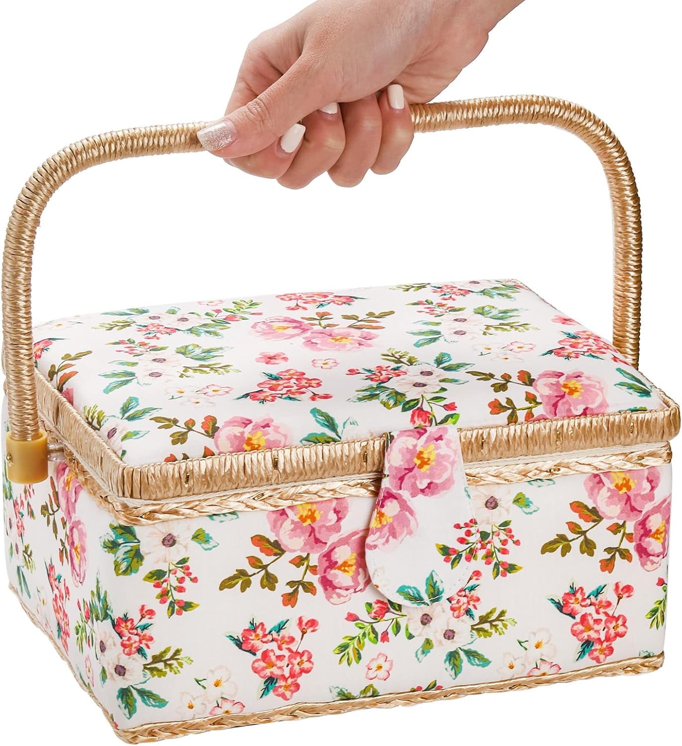 Ihvewuo Sewing Basket with Removable Tray Practical Sewing Basket Organizer with Interior Pocket Portable Sewing Storage Box Stylish Sewing Kit Basket 9.456.895.12inch Needles Thread Tape Measure