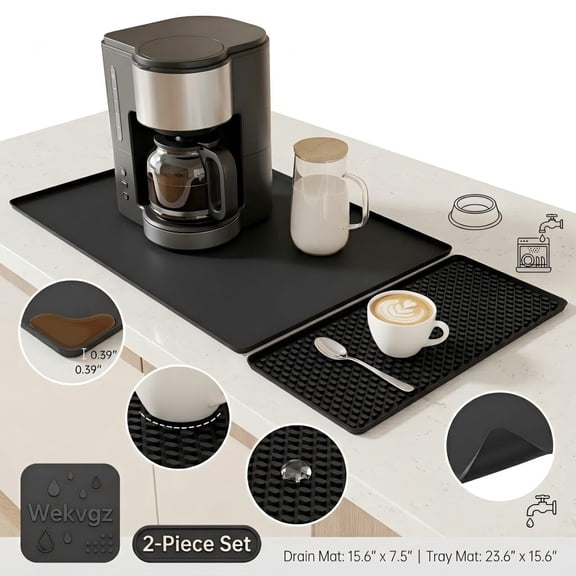 Wekvgz Silicone Coffee Bar Drying DIsh Mat Heat Resistant Detachable Espresso Machine Mat With Raised Edge for Home Kitchen Countertop