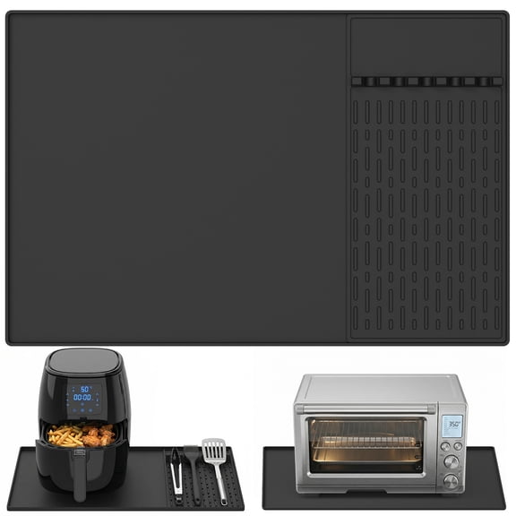 Ikoopy Silicone Heat Resistant Mat for Countertop 24 x 16 Inches Air Fryer Mat with Kitchen Tool Holder Pad for Microwave Oven Kitchen Countertop Protector (Black)