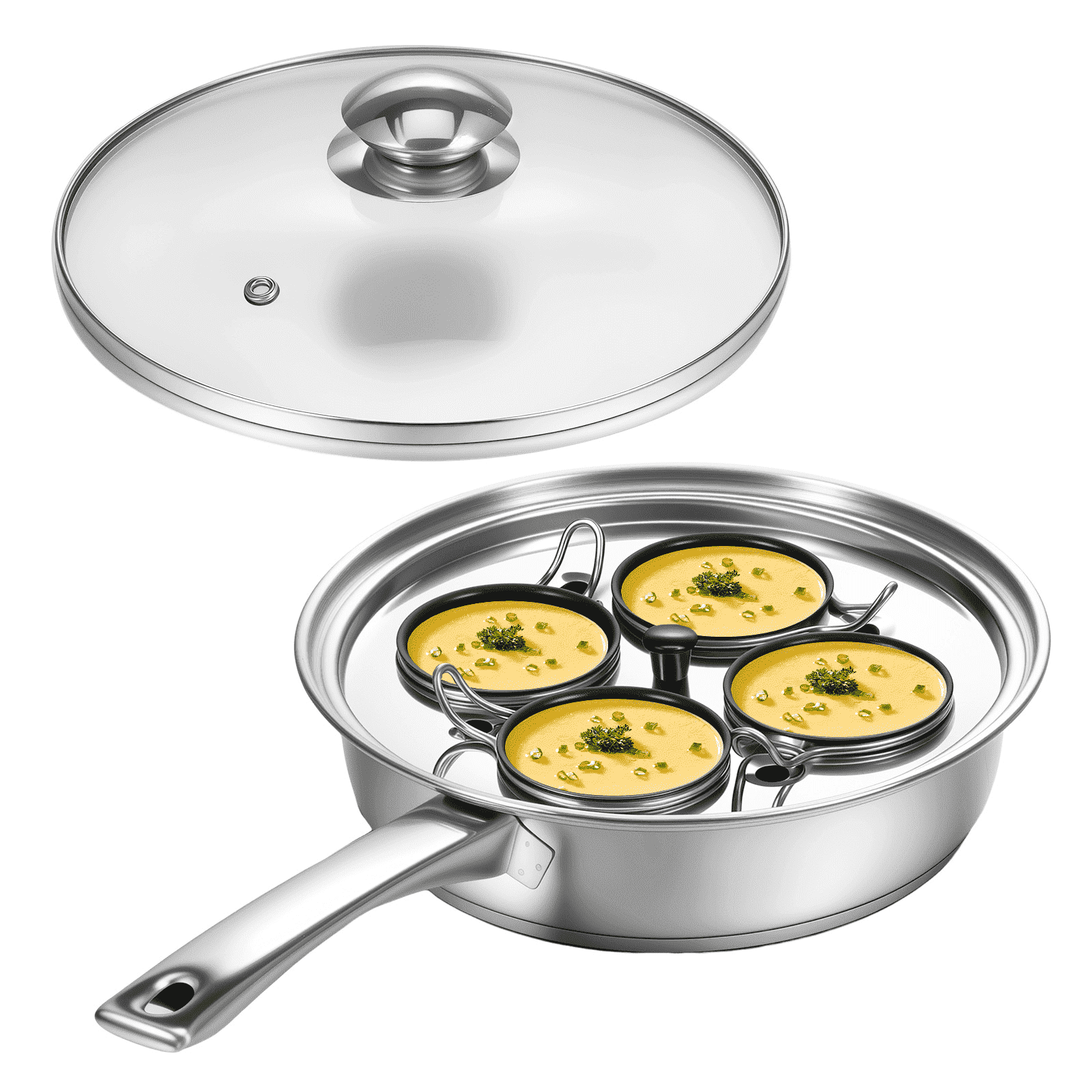 4-Cup Egg Poacher Pan, 8" Stainless Steel Poached Egg Maker with 4 Nonstick Removable Cups & Glass Lid, Induction Compatible Egg Poaching Pan for Gas & Electric Stovetops