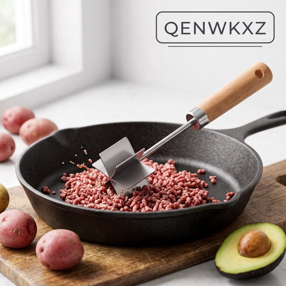 Qenwkxz 10.6" Stainless Steel Meat Chopper, 6-Blade Ground Beef Masher with Heat-Resistant Wood Handle, Hamburger Smasher Tool