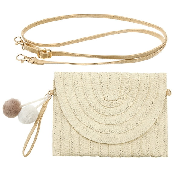 Ikoopy Straw Shoulder Bag Elegant Woven Straw Purse Handmade Woven Straw Bag Portable Woven Rattan Bag Woven Clutch Bag Woven Straw Bag with Two Balls for Women Travels