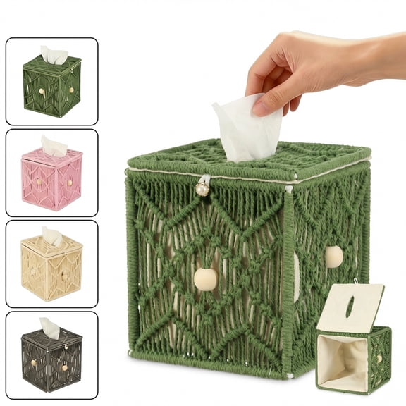 NUAHRHY Tissue Box Cover Macrame Square Open-Bottom Boho Decor Tissue Box Holder Handmade Woven for Bathroom Bedroom Dresser Living Room Office Dorm Blackish Green