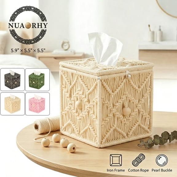Square Tissue Box Cover Macrame Boho Handmade Woven Tissue Holder with Solid Iron Frame Open-Bottom Off-White