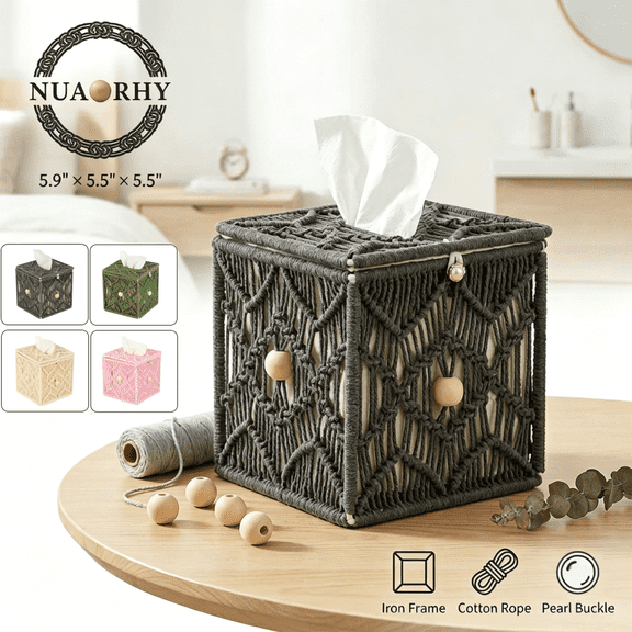 Square Tissue Box Cover Macrame Boho Handmade Woven Tissue Holder with Solid Iron Frame Open-Bottom Dark Gray