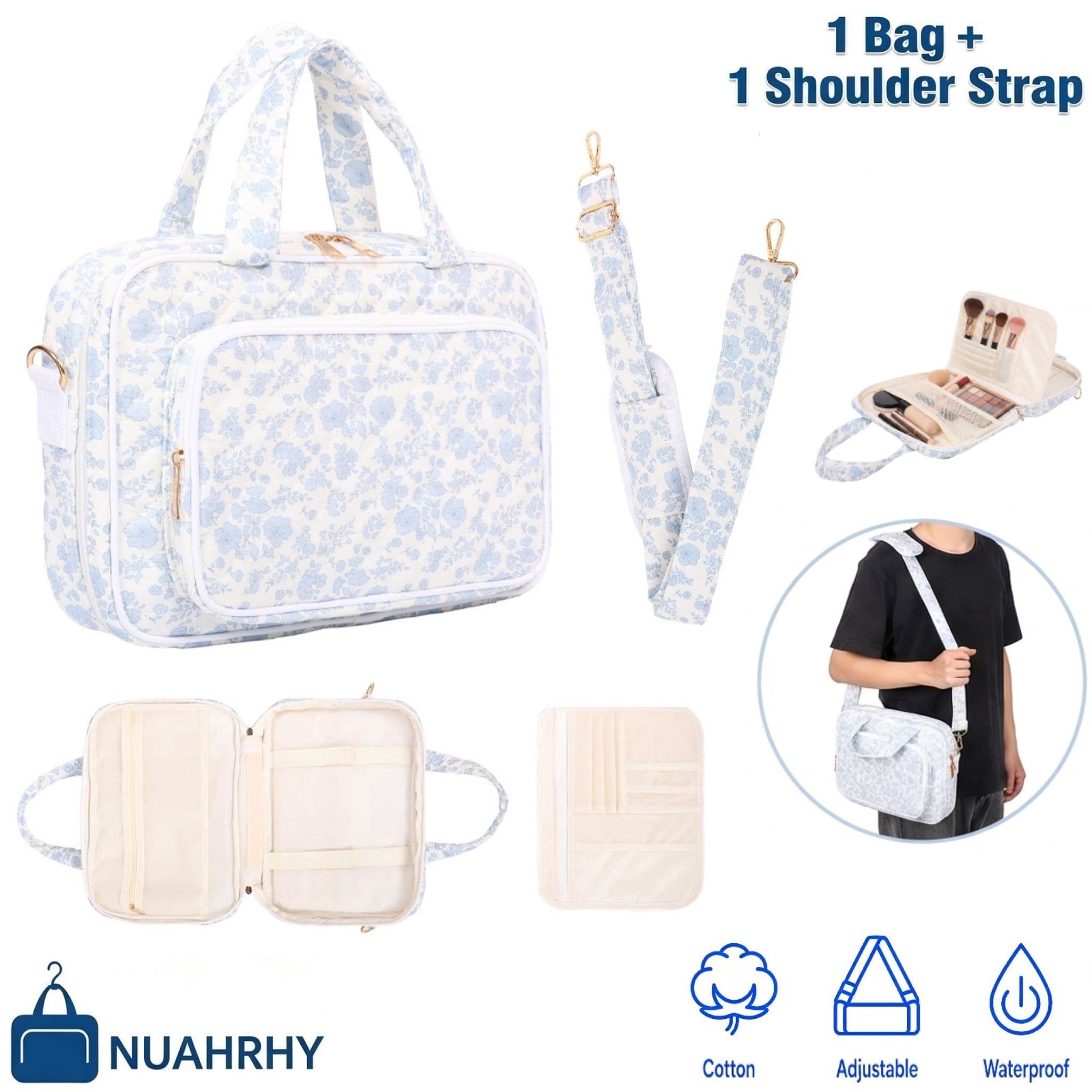 Large Hanging Toiletry Bag for Women Waterproof Travel Makeup Organizer with 4 Compartments Blue Floral