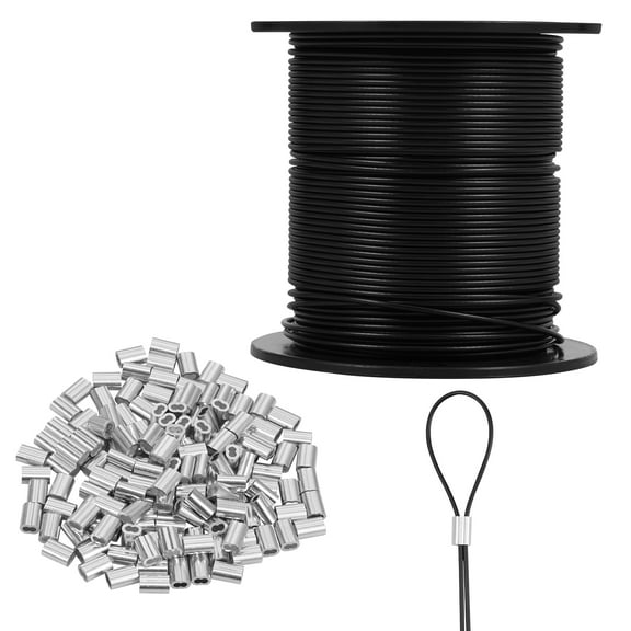 Ikoopy Vinyl Coated Wire Rope 328 FT Stainless Steel Wire Cable with 150 Crimping Loop Sleeves for String Light Indoor Outdoor
