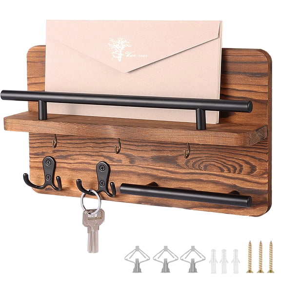 Ikoopy Wall Mounted Key Hanger Rack Wooden Key and Mail Holder Versatile Mail Organizer Space Saving for Home Entrance