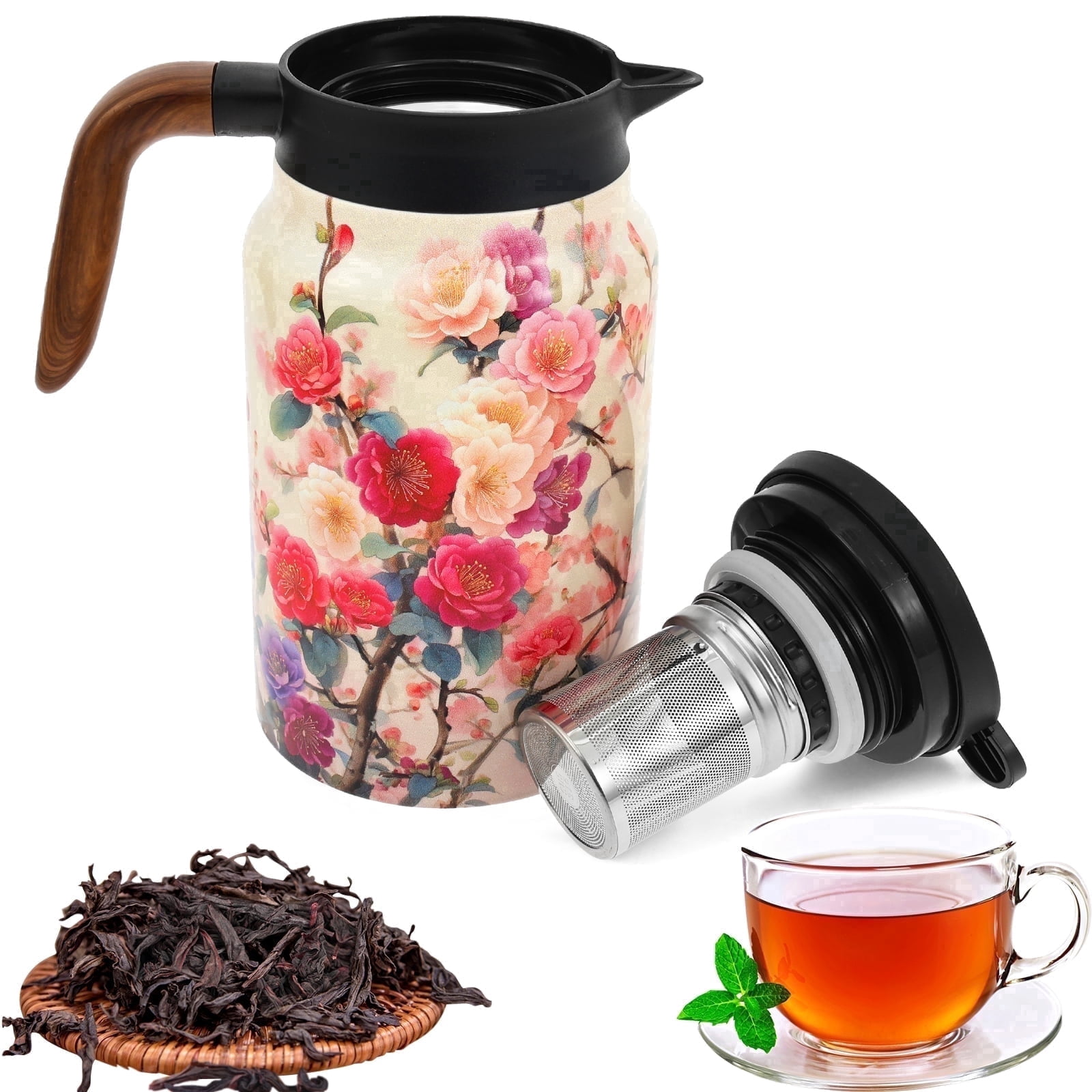 Qenwkxz 50.73 oz Insulated Teapot, White Vintage Floral Pattern Tea Pot with Infuser, Stainless Steel Thermal Teapot with Lid, Wooden Handle Thermal Carafe for Hot Drinks Coffee