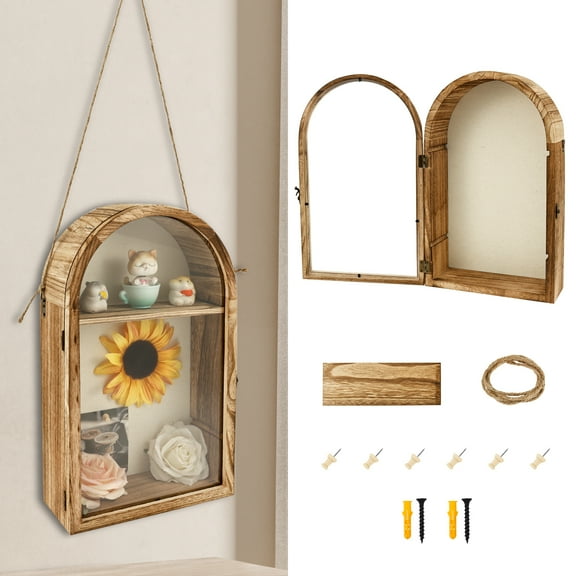 Ikoopy Wood Arch Shape Shadow Box Frame Multipurpose Vintage Memorabilia Memory Box With Removable Shelf for Wall Desktop Fireplace Mantel