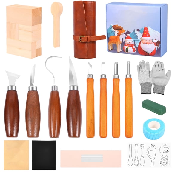 Ikoopy Wood Carving Kit Woodworking Chisel Professional Whittling Craft Set Starter 25 Pcs Hand Tool Kit with PU Leather Case Present for Beginner Adult Kid DIY Fun