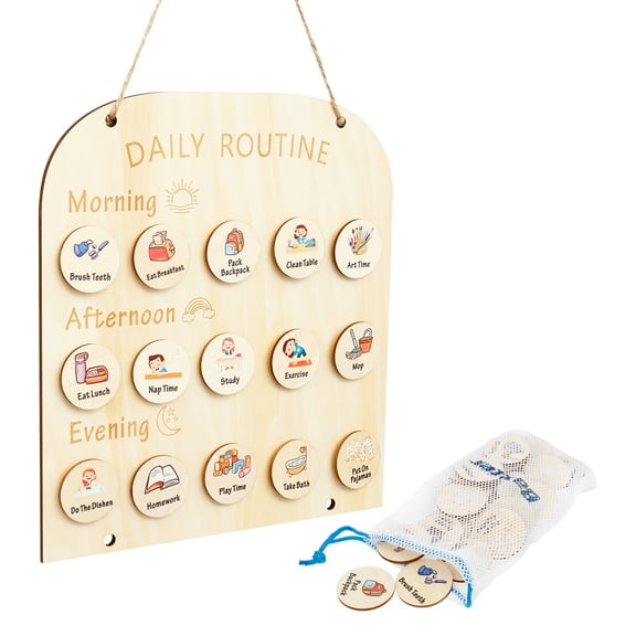Ikoopy Wooden Visual Schedule for Kids Morning Afternoon Evening Daily Routine Chart Wood Daily Schedule Board for Time Management