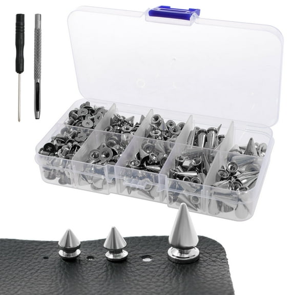 Ikopy 359Pcs Punk Spikes and Studs Kit Zinc Alloy Silver Cone Spike and Stud Rivet Kit 8 Size Metal Leather Tree Spike Assortment Kit Clothing Stud Décor Kit for Clothing Jacket Shoes Wallet