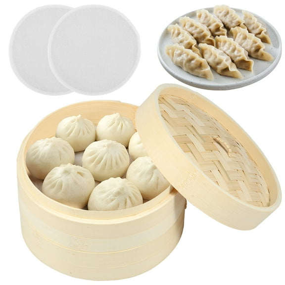 Ikoopy Bamboo Steamer Basket 2 Layer Steaming Basket with Lid and Steaming Cloth Reusable Dumpling Steamer 2 Sizes Bamboo Steaming Basket Practical Bamboo Steamer for Veggie Fish Seafood Cooking