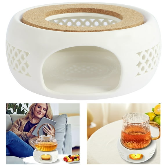 Ikoopy Ceramic Teapot Warmer Hollow Ceramic Teapot Heater with Cork Cushion Heat Resistant Ceramic Coffee Tea Warmer Practical Ceramic Tea Pot Warmer Base for Glass Teapot Ceramic Teapot