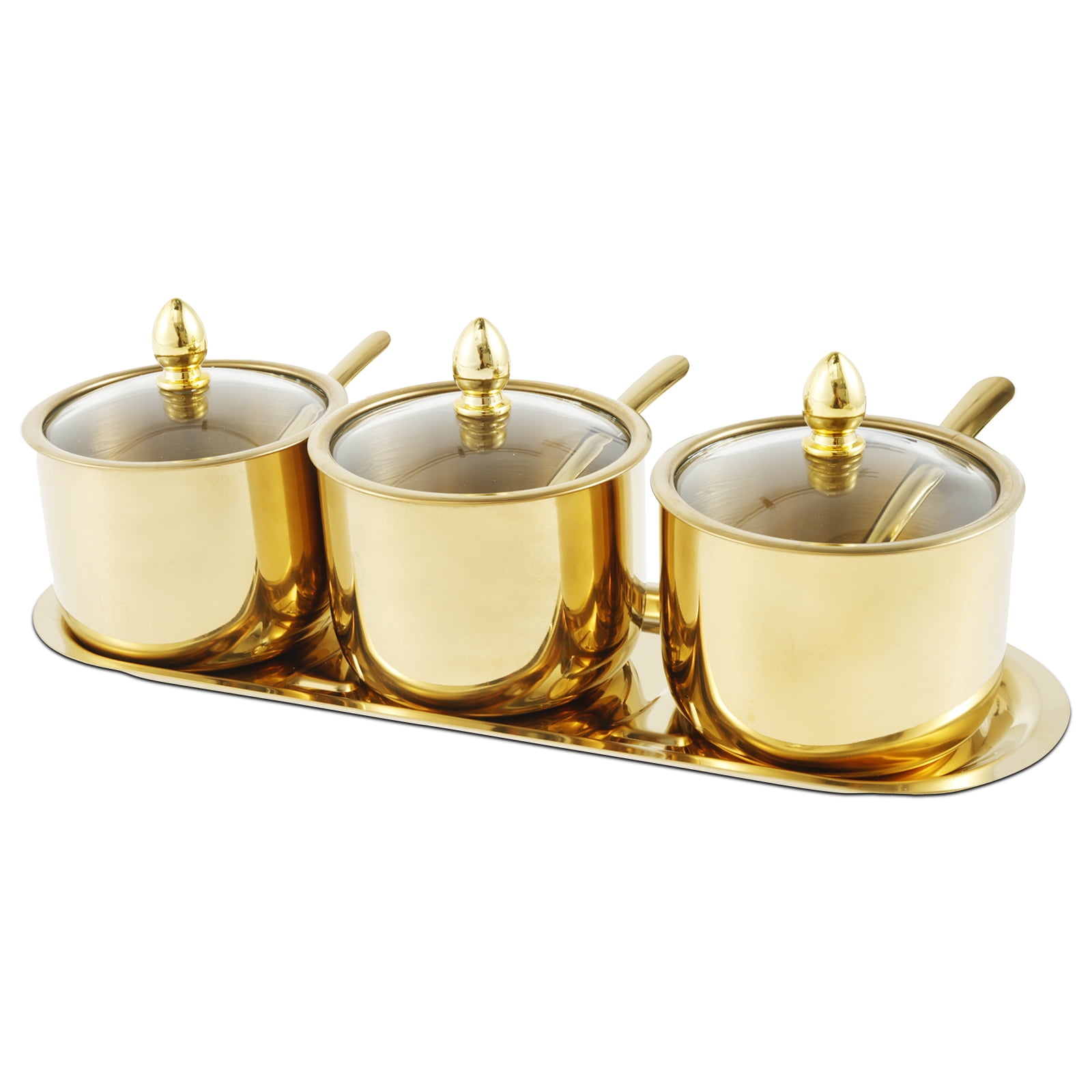 10.5oz Gold Stainless Steel Sugar Bowl With Lid & Spoon - Drum Shape, Glass Lid, 300ml - View #6