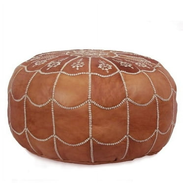 Ikram Design Stuffed Arch Design Dark Tan Moroccan Leather Pouf, 22" Diameter and 14" Height