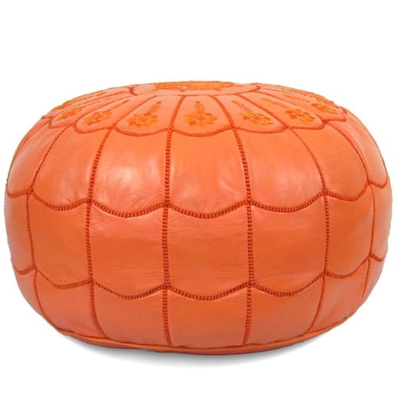 Ikram Design Stuffed Arch Design Orange Moroccan Leather Pouf, 22" Diameter and 14" Height