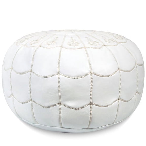 Ikram Design Stuffed Arch Design White Moroccan Leather Pouf, 22" Diameter and 14" Height