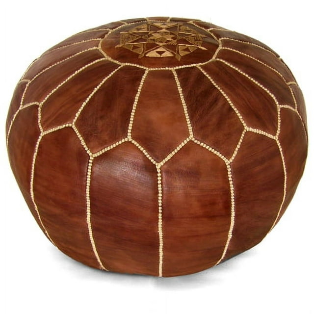 Ikram Design Stuffed Brown Moroccan Leather Pouf Ottoman, 20" Diameter and 13" Height